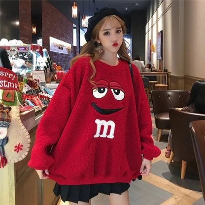 Cute Chocolate M Funny Cartoon Plush Oversize Long Sleeve Shirt Hoodie Pullover Sweatshirt Aesthetic Casual E-Girl Kawaii Korean Japanese Harajuku