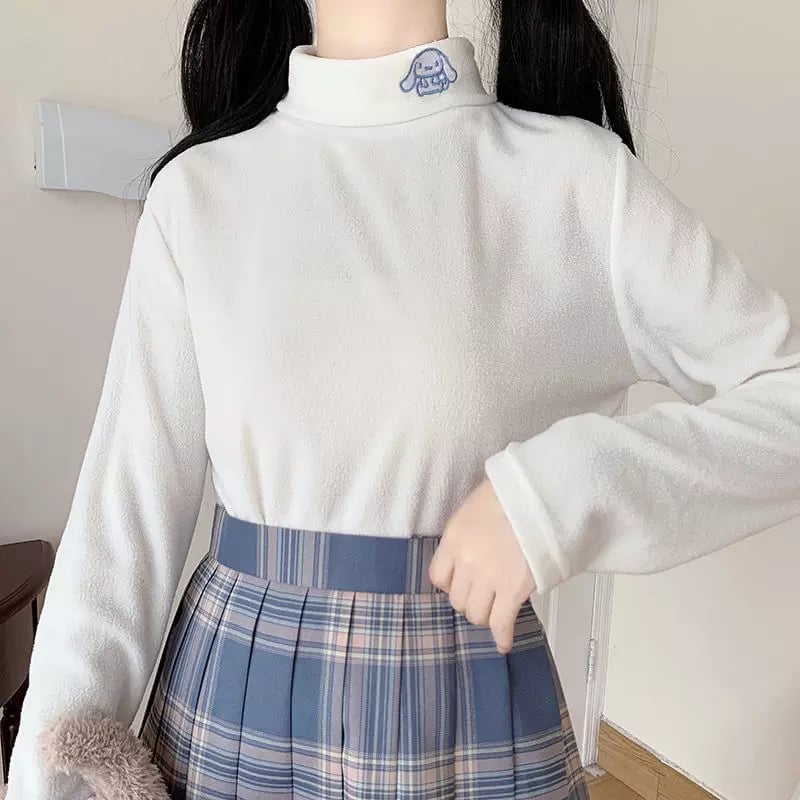 Cute Anime Japanese Embroidery Turtleneck High Collar Long Sleeve Shirt Pullover Aesthetic