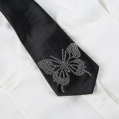 White Butterfly Rhinestone Tie + Long Sleeve Shirt Set