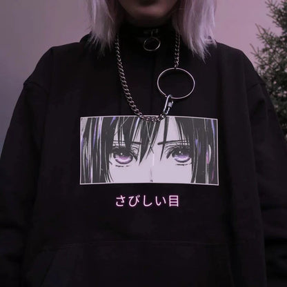 Cute Anime Girl Sad Eyes Hoodie Loose Long Sleeve Sweatshirt Sweater Pullover Jumper Casual E-Girl Kawaii Korean Japanese Harajuku Streetwear