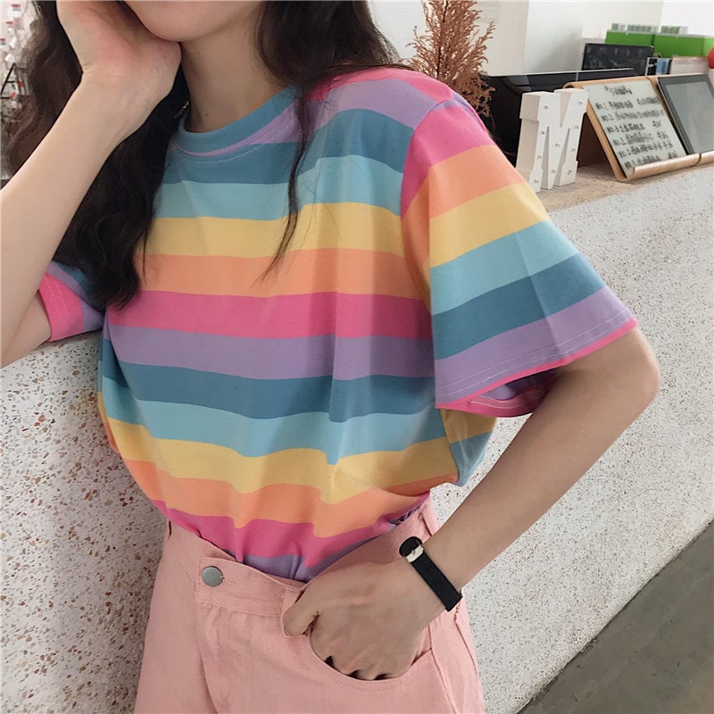 Cute Rainbow Colorful Stripe LGBT Pride Loose Oversized Short Sleeve Shirt Tee T-shirt E-Girl Kawaii Korean Japanese Harajuku Chinese Retro Streetwear