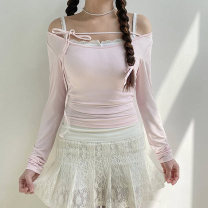 Sweet Lace Up Slash Neck Long Sleeve Shirt