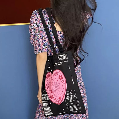 Cute Cupid Angel Love Heart Print Canvas Tote Shoulder ECO Bag 90s Retro Vintage Aesthetic Casual Summer E-Girl Kawaii Korean Japanese Harajuku