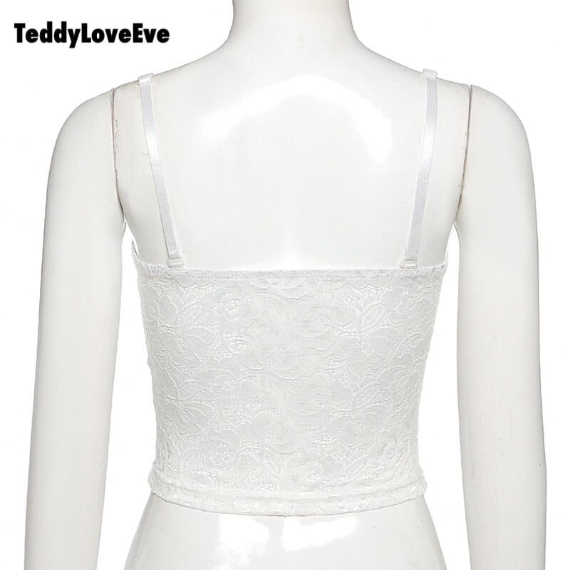 Cute Sexy Floral Lace Corset Camisole Tank Crop Top Sleeveless Shirt Bodycon Goth Punk Summer Casual E-Girl Kawaii Korean Japanese Harajuku Streetwear