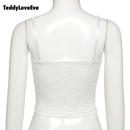 Cute Sexy Floral Lace Corset Camisole Tank Crop Top Sleeveless Shirt Bodycon Goth Punk Summer Casual E-Girl Kawaii Korean Japanese Harajuku Streetwear