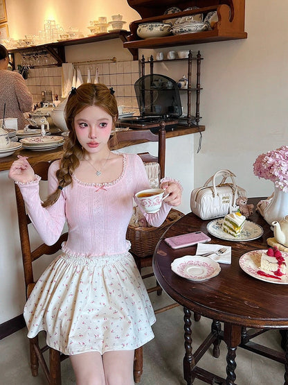 Pink Bow Lace Trim Long Sleeve Shirt