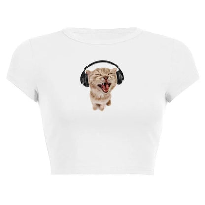 Cat Music Print Ribbed Tank Top