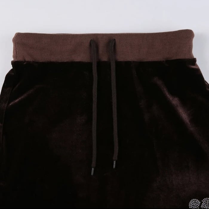 Cute Sexy Brown Rhinestone Crystal Heart Velvet Slit Low Waisted Mini Skirt Bottoms Aesthetic Casual Summer E-Girl Kawaii Korean Japanese Harajuku