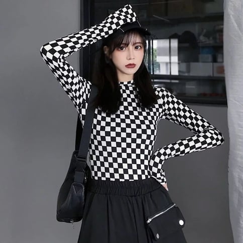 Cute Black White Checkerboard Plaid Long Sleeve Shirt Top Punk Goth Aesthetic Casual E-Girl Kawaii Korean Japanese Harajuku