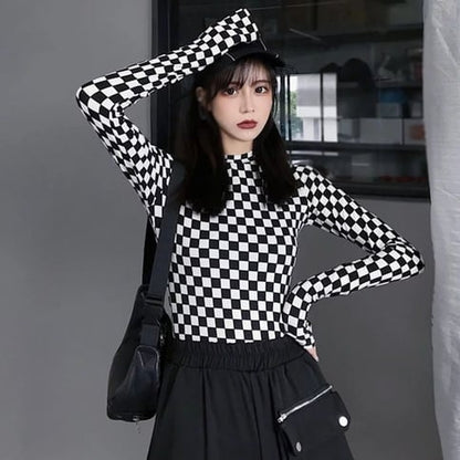 Cute Black White Checkerboard Plaid Long Sleeve Shirt Top Punk Goth Aesthetic Casual E-Girl Kawaii Korean Japanese Harajuku