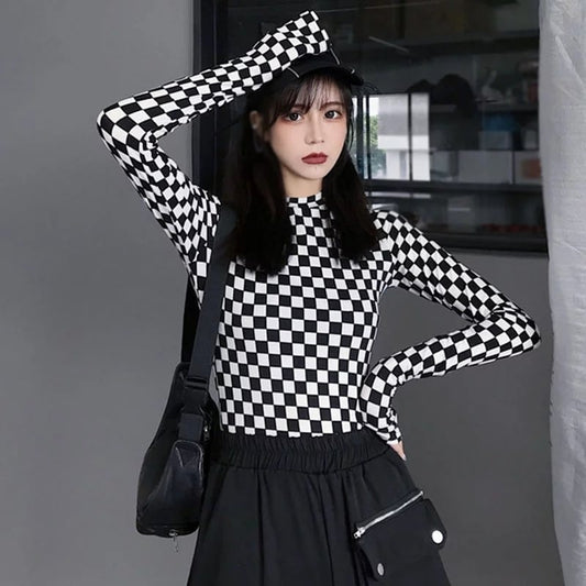 Cute Black White Checkerboard Plaid Long Sleeve Shirt Top Punk Goth Aesthetic Casual E-Girl Kawaii Korean Japanese Harajuku