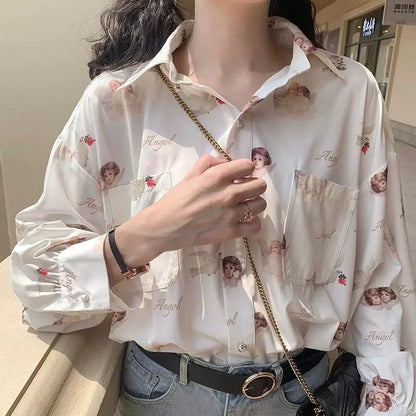 Vintage Angel Love Print Elegant Long Sleeve Shirt Blouse Top Lantern Sleeve Punk Grunge E-Girl Kawaii Korean Japanese Harajuku Streetwear
