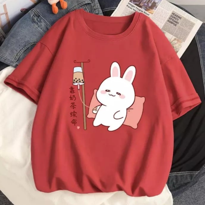 Cute Rabbit Boba Bubble Milk Tea Graphic Cartoon Print Loose Short Sleeve T-shirt Aesthetic Casual Summer E-Girl Kawaii Korean Japanese Harajuku