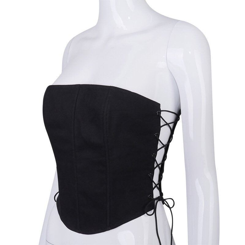 Sexy Black Corset Lace Tie Up Bustier Crop Top Sleeveless Strapless Vest Party Club Aesthetic Goth E-Girl Kawaii Korean Japanese Harajuku Streetwear
