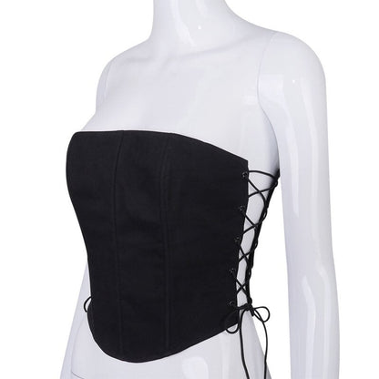 Sexy Black Corset Lace Tie Up Bustier Crop Top Sleeveless Strapless Vest Party Club Aesthetic Goth E-Girl Kawaii Korean Japanese Harajuku Streetwear