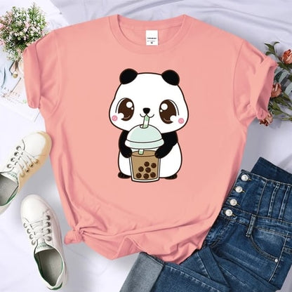 Cute Panda Bear Boba Bubble Milk Tea Graphic Cartoon Print Loose Short Sleeve T-shirt Aesthetic Casual Summer E-Girl Kawaii Korean Japanese Harajuku