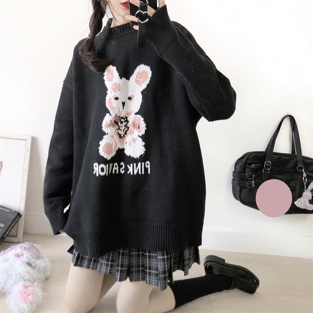Bunny Knit Casual Sweater Sweatshirt Loose Jumper Long Sleeve Pullover Top Punk Goth E-Girl Kawaii Korean Japanese Harajuku Streetwear