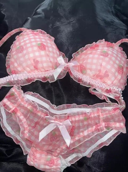 Strawberry Print Bra + Panty Set Lingerie Underwear Summer Aesthetic Casual E-Girl Kawaii Korean Japanese Harajuku