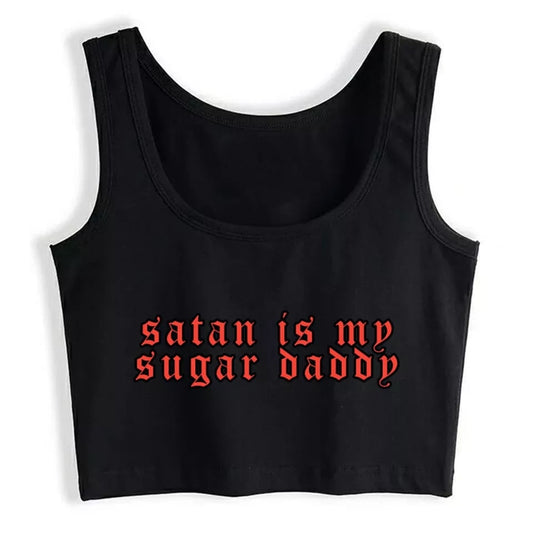 Cute Black Satan Sugar Daddy Print Crop Top Tank Sleeveless Shirt Aesthetic Casual E-Girl Kawaii Korean Japanese Harajuku