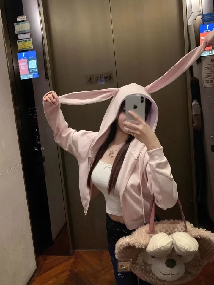 Pink Rabbit Ear Zipper Hoodie