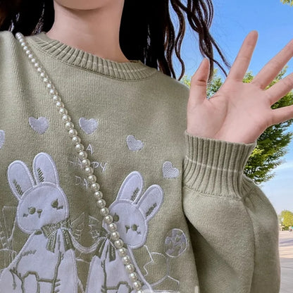 Green Rabbit Knit Long Sleeve Sweater