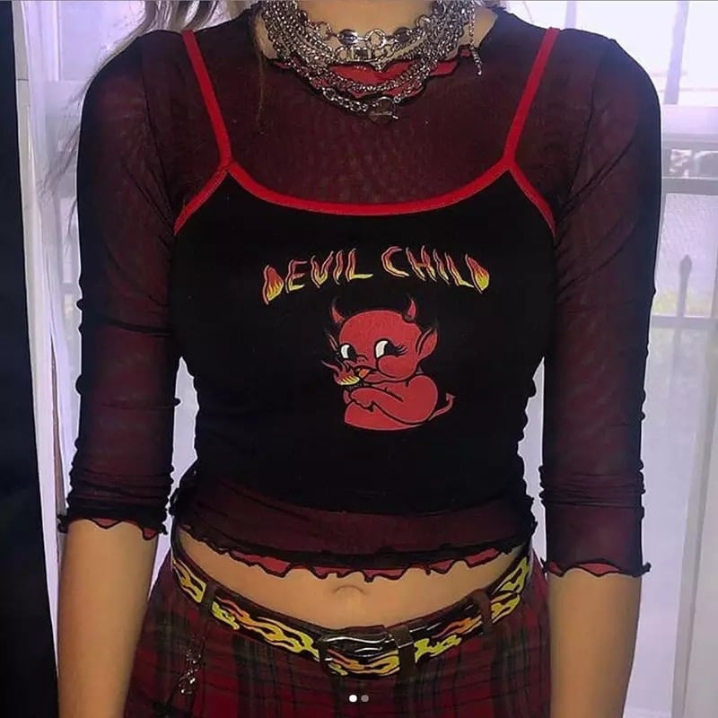 Sexy Devil Cartoon Print Graphic Summer Tank Camisole Spaghetti Strap Patchwork Crop Top E-Girl Kawaii Korean Japanese Harajuku Retro Streetwear
