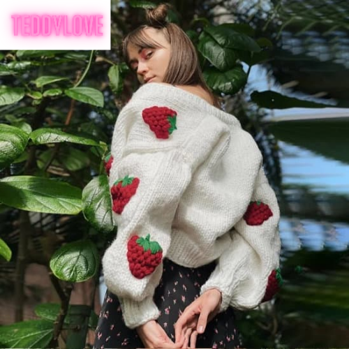 Cute White Strawberry Crochet Loose Cardigan Long Sleeve V Neck Sweater Aesthetic Casual Summer E-Girl Kawaii Korean Japanese Harajuku