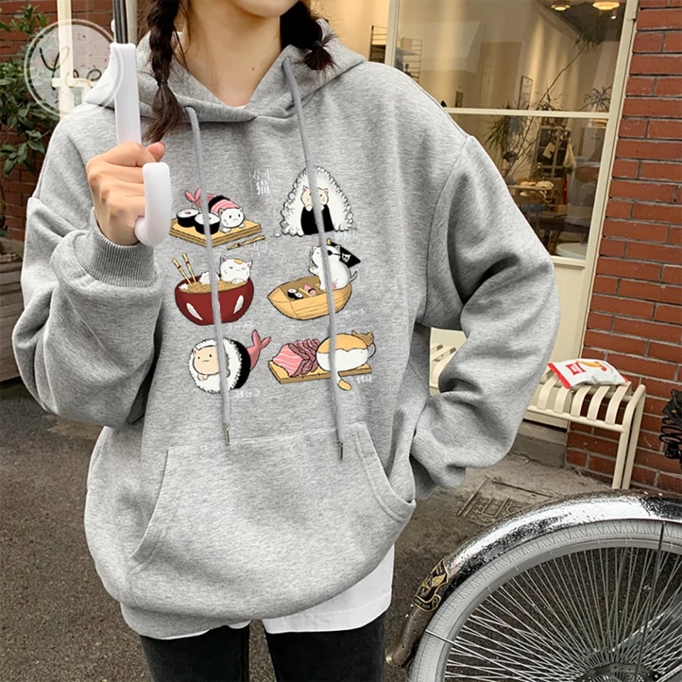 Cute Cat Sushi Cartoon Print Oversized Hoodie Fleece Sweatshirt Pullover Aesthetic Casual E-Girl Kawaii Korean Japanese Harajuku