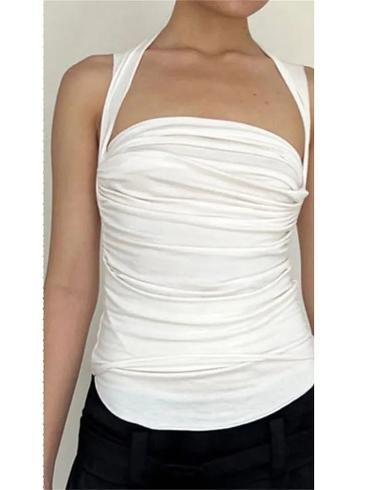 White Pleated Backless Tank Top
