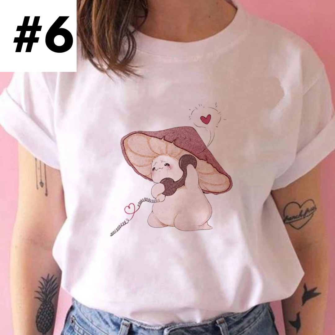Cute Frog Mushroom Plant Cartoon Print Loose Oversize Short Sleeve T-shirt Punk Aesthetic Casual Summer E-Girl Kawaii Korean Japanese Harajuku