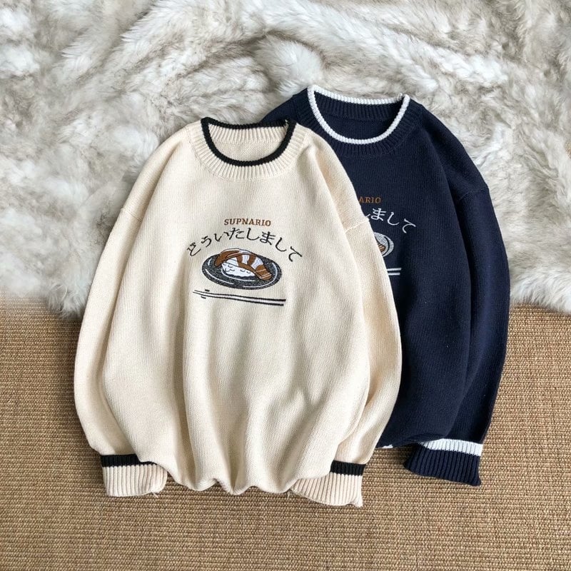 Cute Sushi Fish Knit Soft Long Sleeve Hoodie Oversized Loose Sweater Sweatshirt Pullover Jumper E-Girl Kawaii Korean Japanese Harajuku Streetwear