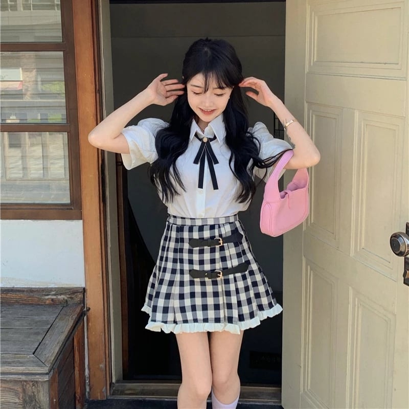 Cute 2pcs Set White Puff Ruffles Sleeve Shirt + Aline Pleated Preppy Mini Skirt Summer Aesthetic Casual E-Girl Kawaii Korean Japanese Harajuku