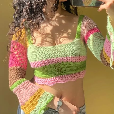 Rainbow Crochet Long Sleeve Drawstring Crop Top