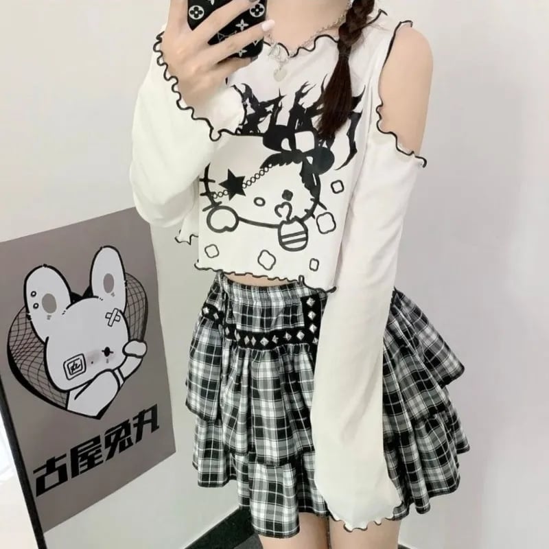 Cat Off Shoulder Frill Long Sleeve Shirt