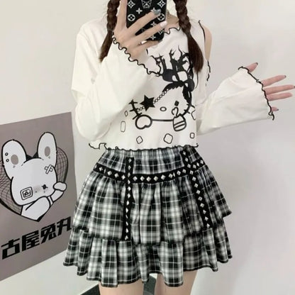 Cat Off Shoulder Frill Long Sleeve Shirt