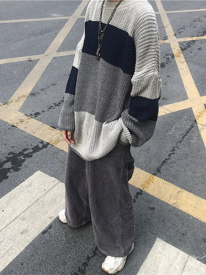 Grey Stripe Patchwork Sweater