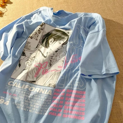 Cute Anime Girl Juice Box Cartoon Print Loose Oversize Short Sleeve T-shirt Punk Goth Aesthetic Casual Summer E-Girl Kawaii Korean Japanese Harajuku