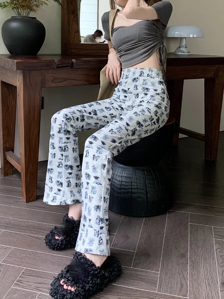 Puppy & Kitten Print Flare Trousers