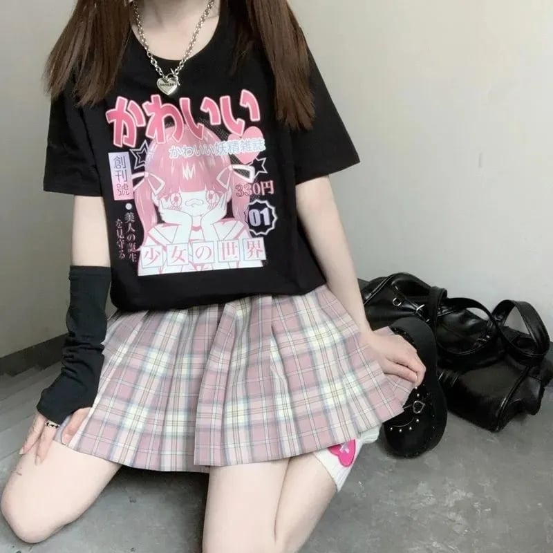 Pink 2D Anime Girl Print Short Sleeve T-shirt