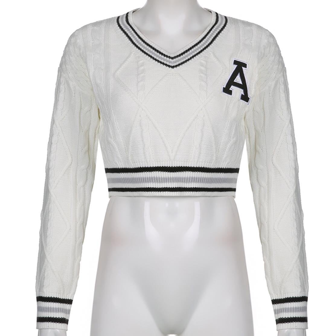 White Varsity V Neck Long Sleeve Crop Top Knit Pullover Sweater Jumper Autumn Aesthetic Casual E-Girl Kawaii Korean Japanese Harajuku