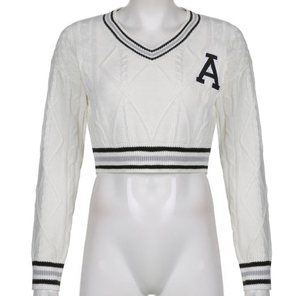 White Varsity V Neck Long Sleeve Crop Top Knit Pullover Sweater Jumper Autumn Aesthetic Casual E-Girl Kawaii Korean Japanese Harajuku
