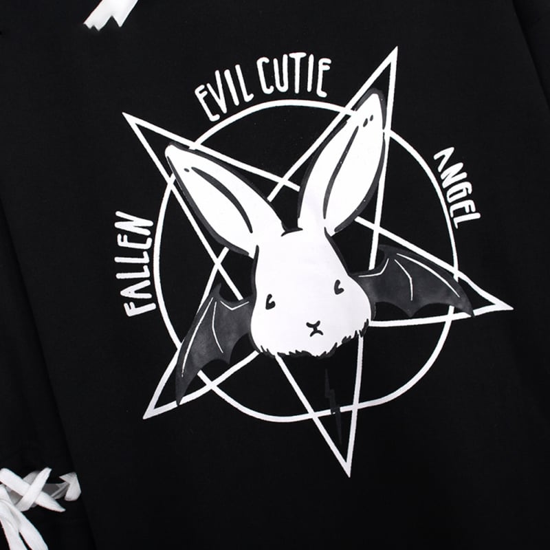 Cute Rabbit Evil Pentagon Lace Up Long Sleeve Hoodie Oversize Sweater Sweatshirt Pullover Jumper E-Girl Kawaii Korean Japanese Harajuku Streetwear