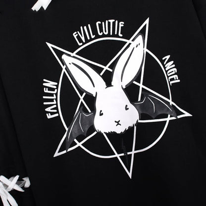 Cute Rabbit Evil Pentagon Lace Up Long Sleeve Hoodie Oversize Sweater Sweatshirt Pullover Jumper E-Girl Kawaii Korean Japanese Harajuku Streetwear