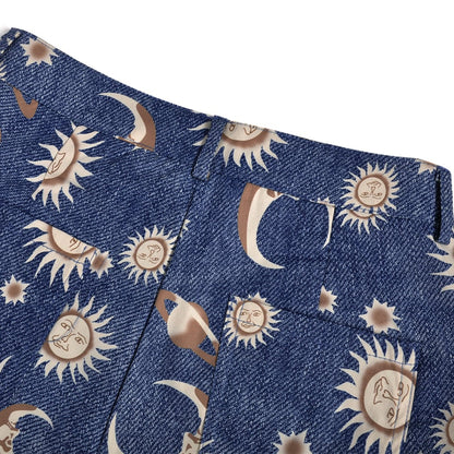 Cute Sun Moon Star Planet Pattern Loose Denim Shorts Bottom E-Girl Kawaii Korean Japanese Harajuku Chinese Retro Streetwear Aesthetic