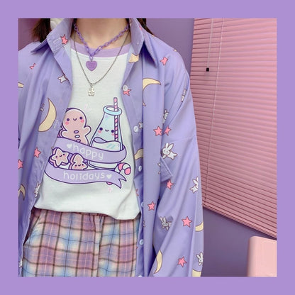 Pastel Purple Anime Star Moon Cartoon Blouse Oversized Long Sleeve Shirt Loose Button Autumn Winter E-Girl Kawaii Korean Japanese Harajuku Streetwear