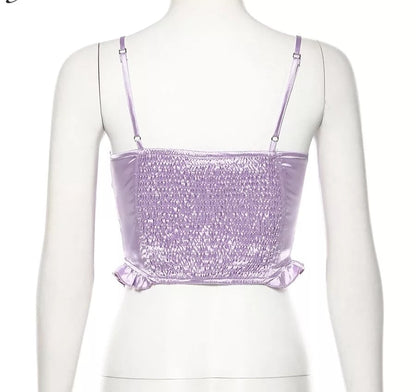 Cute Sexy Purple Silk V Neck Ruffled Blouse Crop Top Shirt Tee T-shirt Kawaii Korean Japanese Harajuku Chinese Retro Streetwear Aesthetic Fashion