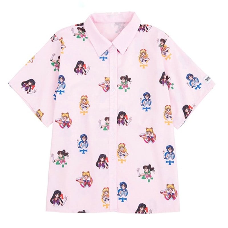 Pastel Anime Girl Japanese Print Cartoon Button Down Short Sleeve Shirt