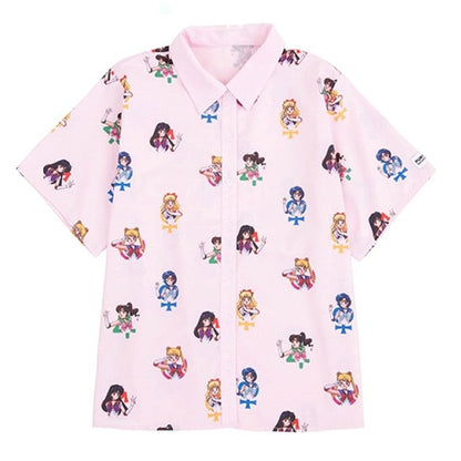 Pastel Anime Girl Japanese Print Cartoon Button Down Short Sleeve Shirt