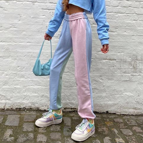 Cute Patchwork Color Contrast Baggy Jogger Pink Blue Sweatpants High Waist Trousers E-Girl Kawaii Korean Japanese Harajuku Retro Streetwear Aesthetic