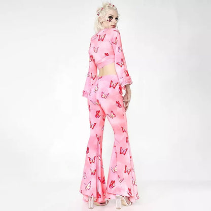 Pink Butterfly Low Waist Flare Bell Bottom Pants Rave Festival Aesthetic Casual E-Girl Kawaii Korean Japanese Harajuku